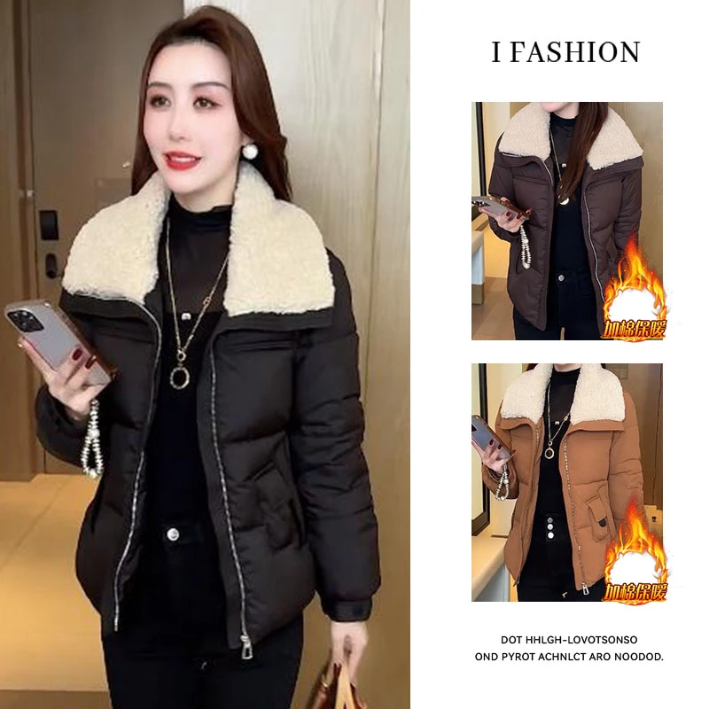 韩版百搭加厚翻领棉服女2025年冬季新款宽松遮肉显瘦加棉保暖外套