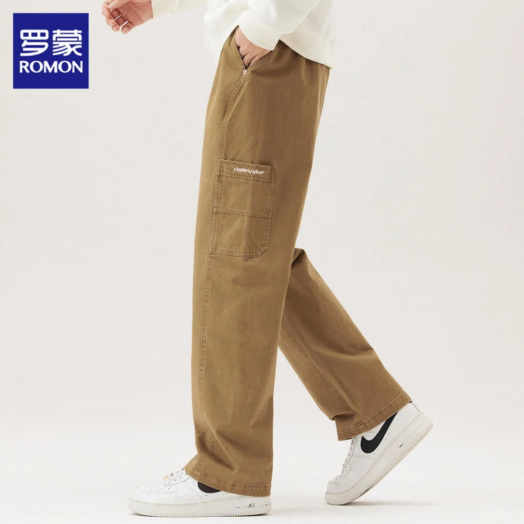 罗蒙男士纯棉休闲裤秋季新款宽松直筒阔腿裤潮流运动工装长裤男装