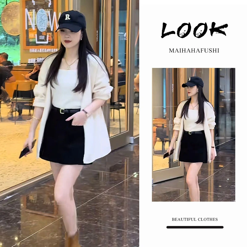 秋季一整套女装2025新款韩版宽松纯色针织开衫吊带背心短裙三件套