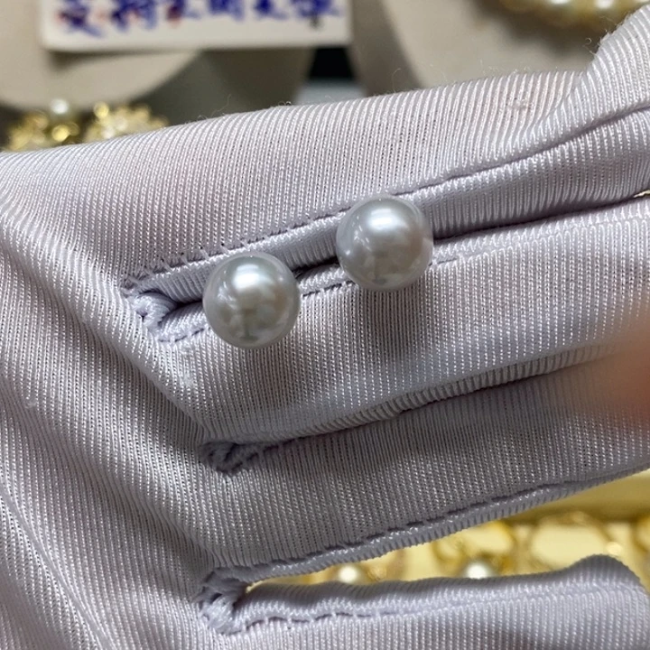 银S925镶嵌海水珍珠耳饰澳白素钉9-10mm