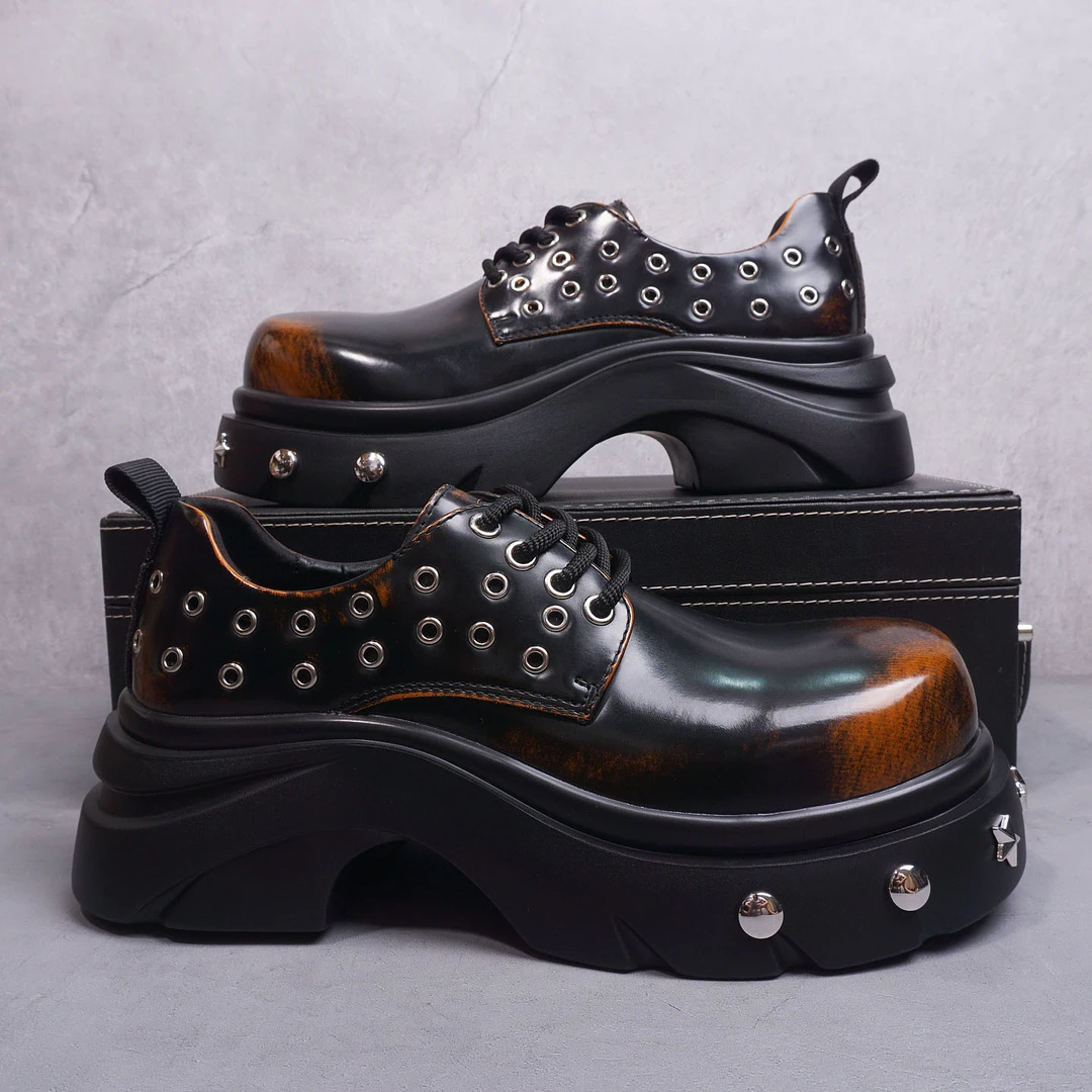 2025秋季新款日系大头厚底鞋时尚潮流增高鞋男黑色伴郎鞋男士松糕