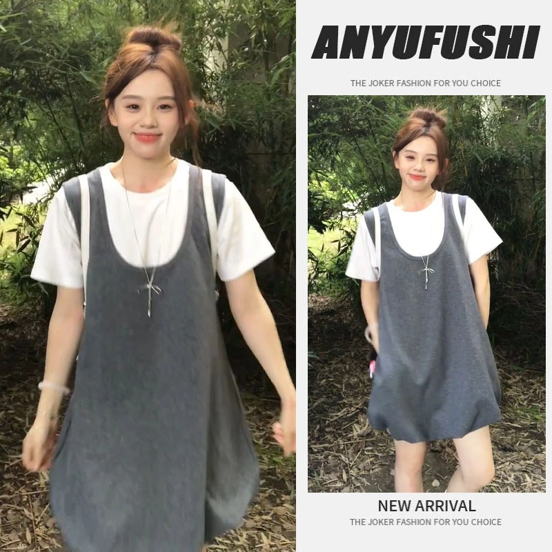 2025夏季新款韩系假两件圆领短袖T恤连衣裙女气质宽松A字蓬蓬短裙