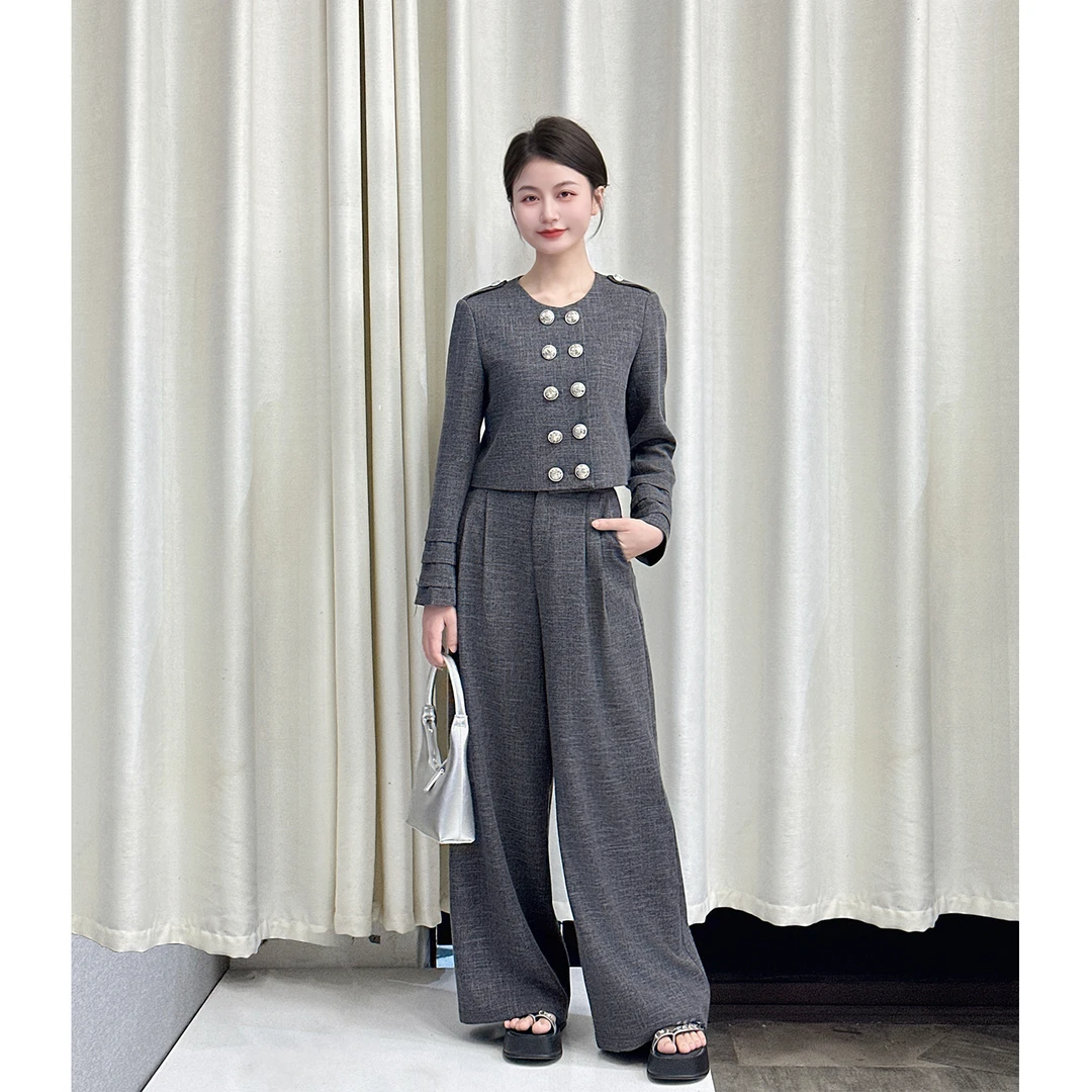 【香阀世家】小娜椒小个子复古麻灰色气质短款外套时尚阔腿裤套装女