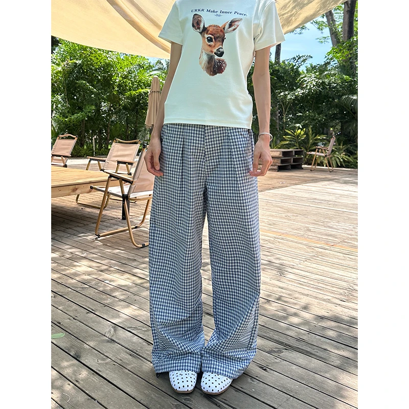 URKR美式复古褶皱蓝色格子裤女夏季薄款休闲百搭松弛感直筒长裤