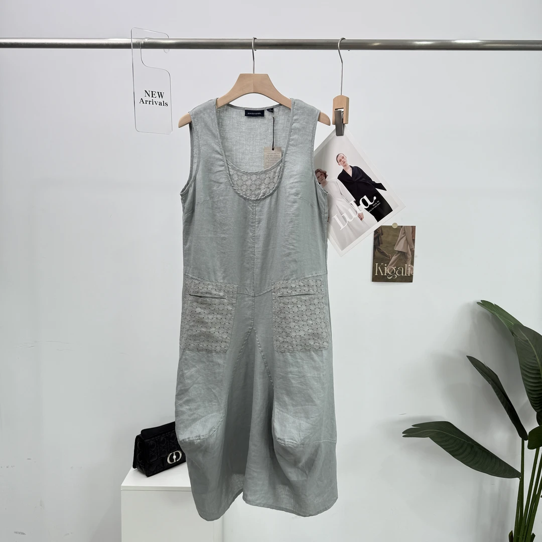 B052欧美休闲舒适亚麻贵系时尚夏季百搭财阀千金女装无袖连衣裙