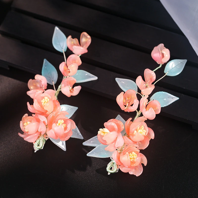 古装汉服头饰海棠花粉色簪花琉璃边夹子2024年新款超仙对夹