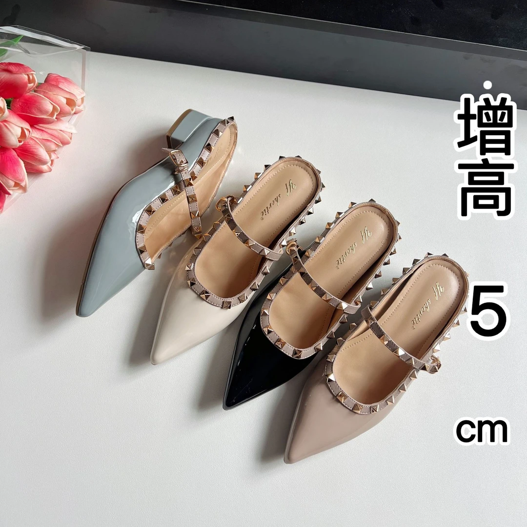 增高5cm铆钉粗跟一字带拖鞋女外穿2025夏季新款高级感尖头凉拖鞋