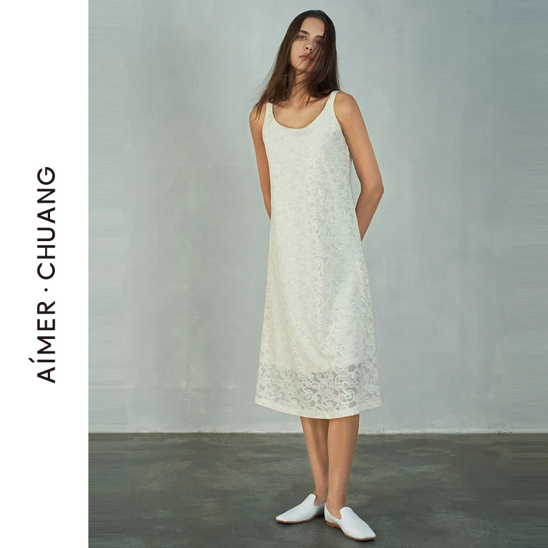 【风琴3】爱慕创弹力花面细带长裙吊带裙舒适白色无袖CA421261