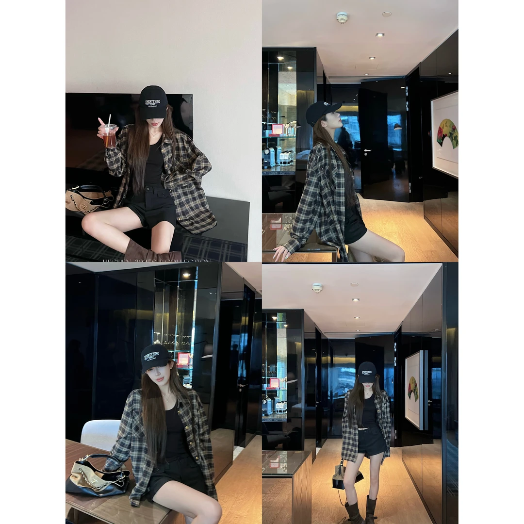 【禾呈】衬衫女秋季小衫时尚小众宽松不规则格子长袖衬衣女50166