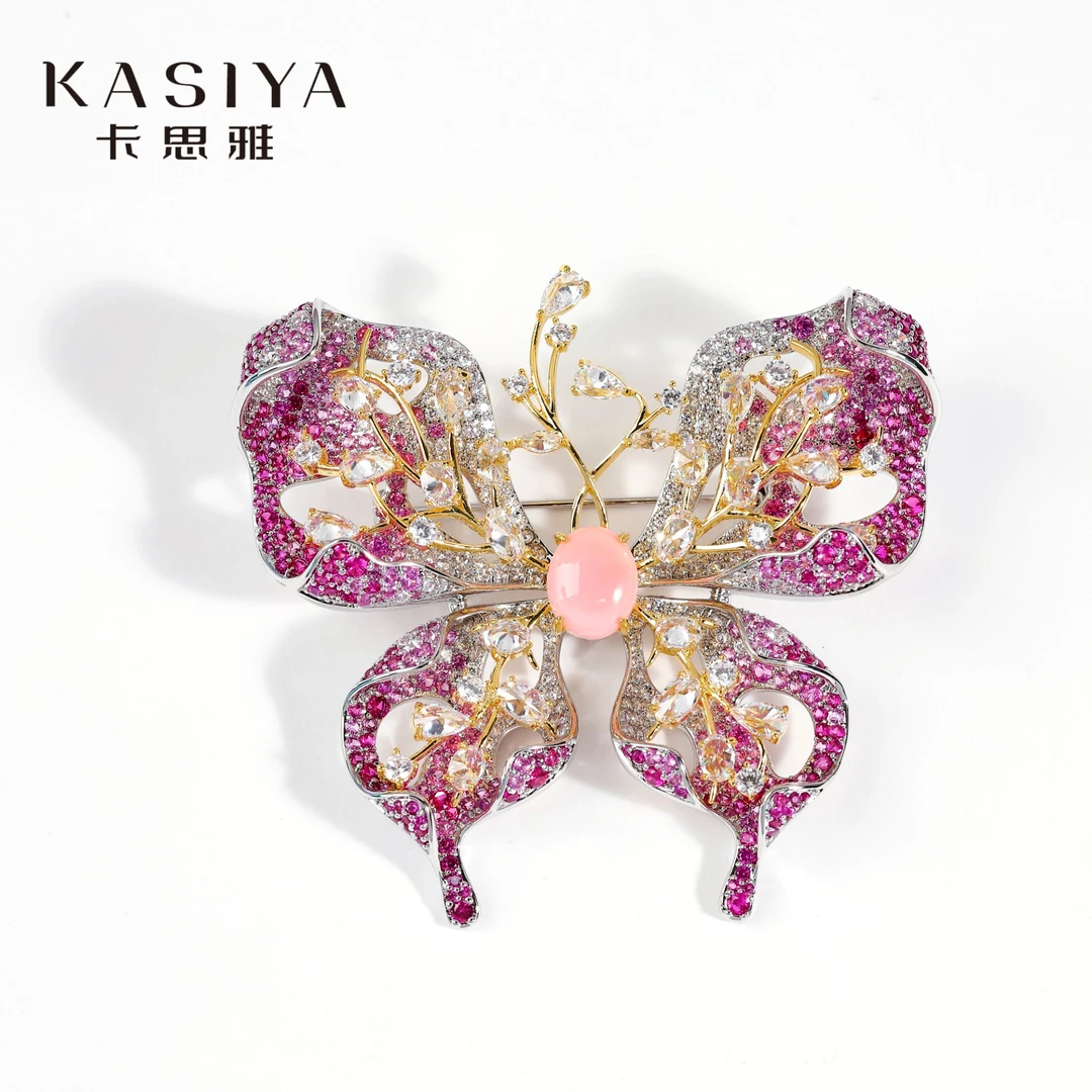 kasiya/卡思雅 铜合金锆石胸针 红刚色蝴蝶胸针轻奢气质胸花