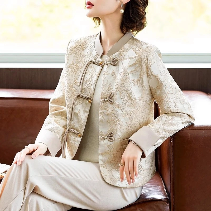 罗蒙新中式妈妈春装国风外套2025新款中老年女春秋盘扣唐装上衣服