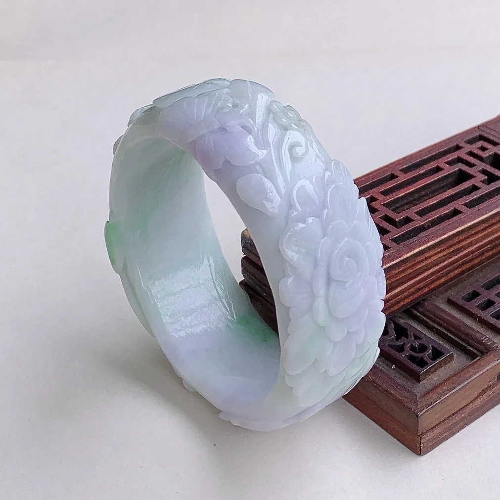 时尚宽边宽版手镯57mm饰品宽边春带彩花开富贵牡丹花雕花翡翠玉镯