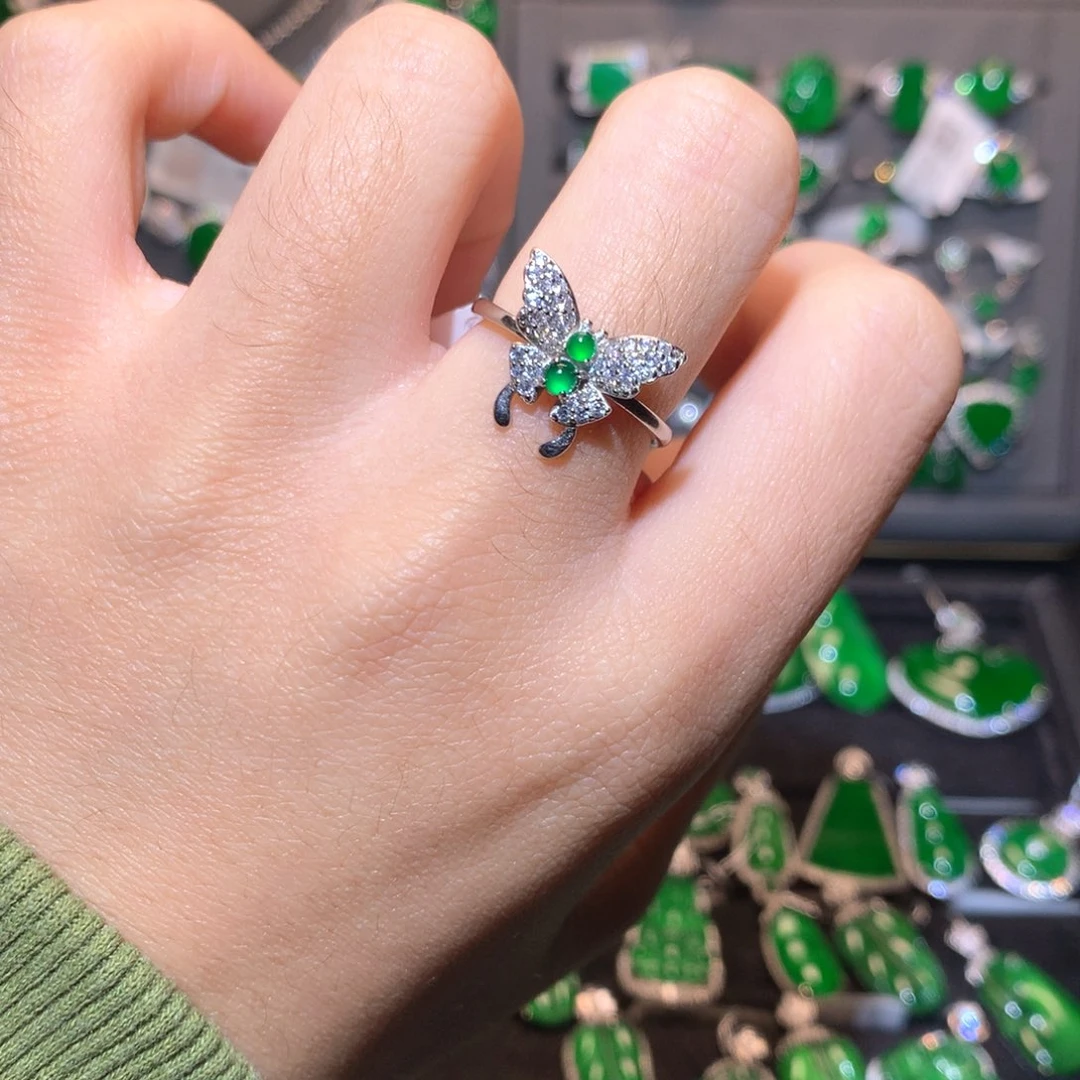 翡翠戒指银S925镶嵌蝴蝶