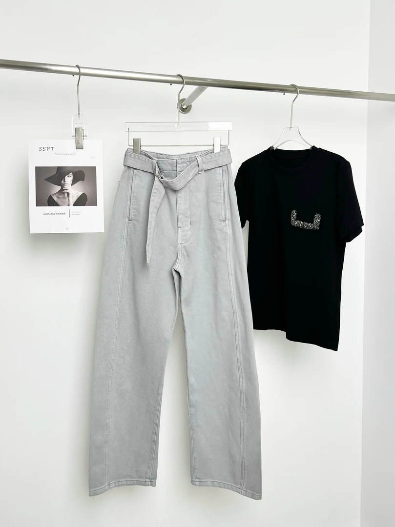 雪花纹理系带牛仔裤阔腿裤直筒裤子阔腿0234