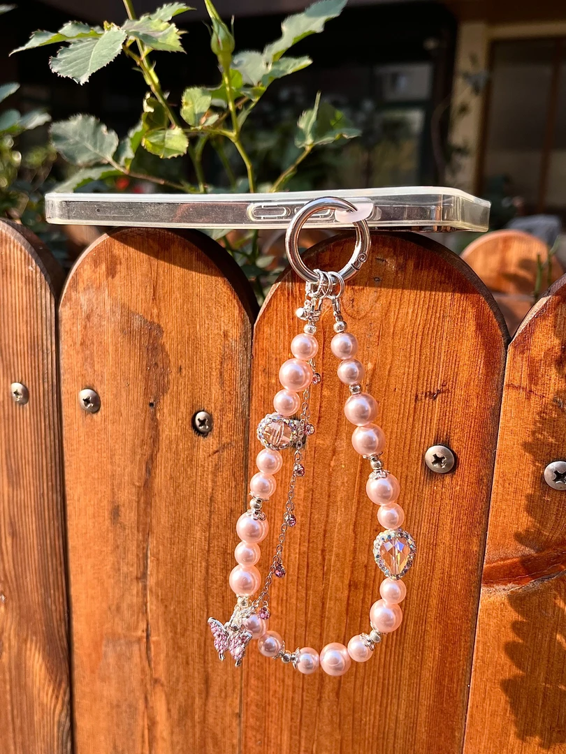 【编号52】落日粉蝶 浪漫粉色贝珠高货k9天女珠碎钻蝴蝶手工手机链