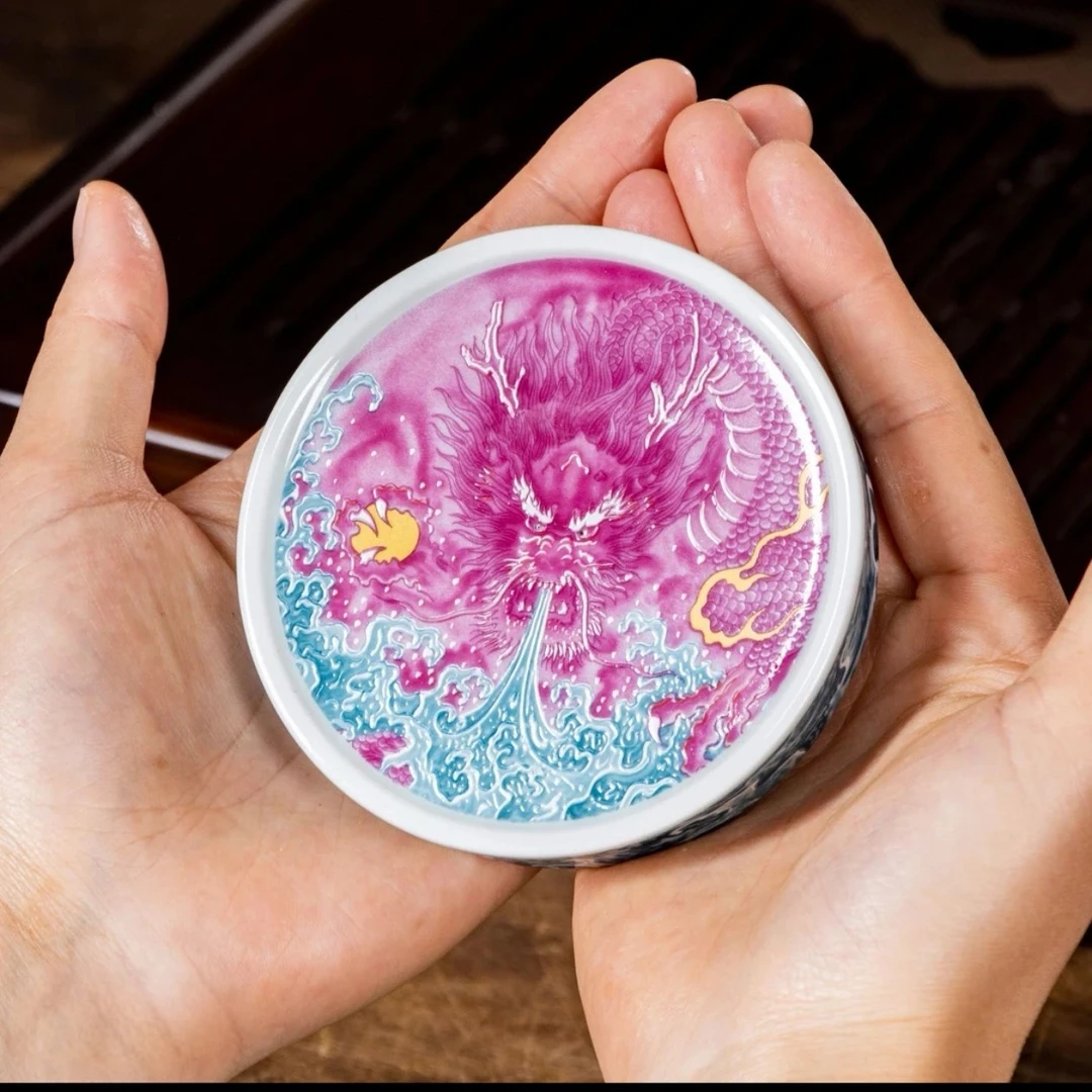 景德镇手工制作釉下彩胭脂红龙吸水高端陶瓷茶具实心杯垫盖置