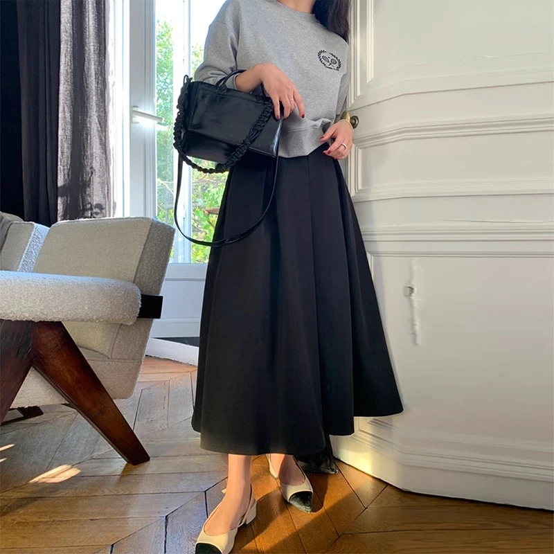 黑色半身裙女2025新款春秋季百褶裙设计感大摆a字伞裙西装长裙子