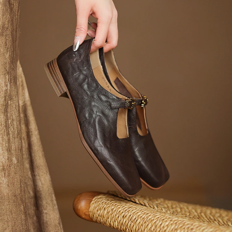 里外纯皮～羊皮2cm方头复古低跟百搭时尚玛丽珍气质女单鞋粗跟浅口