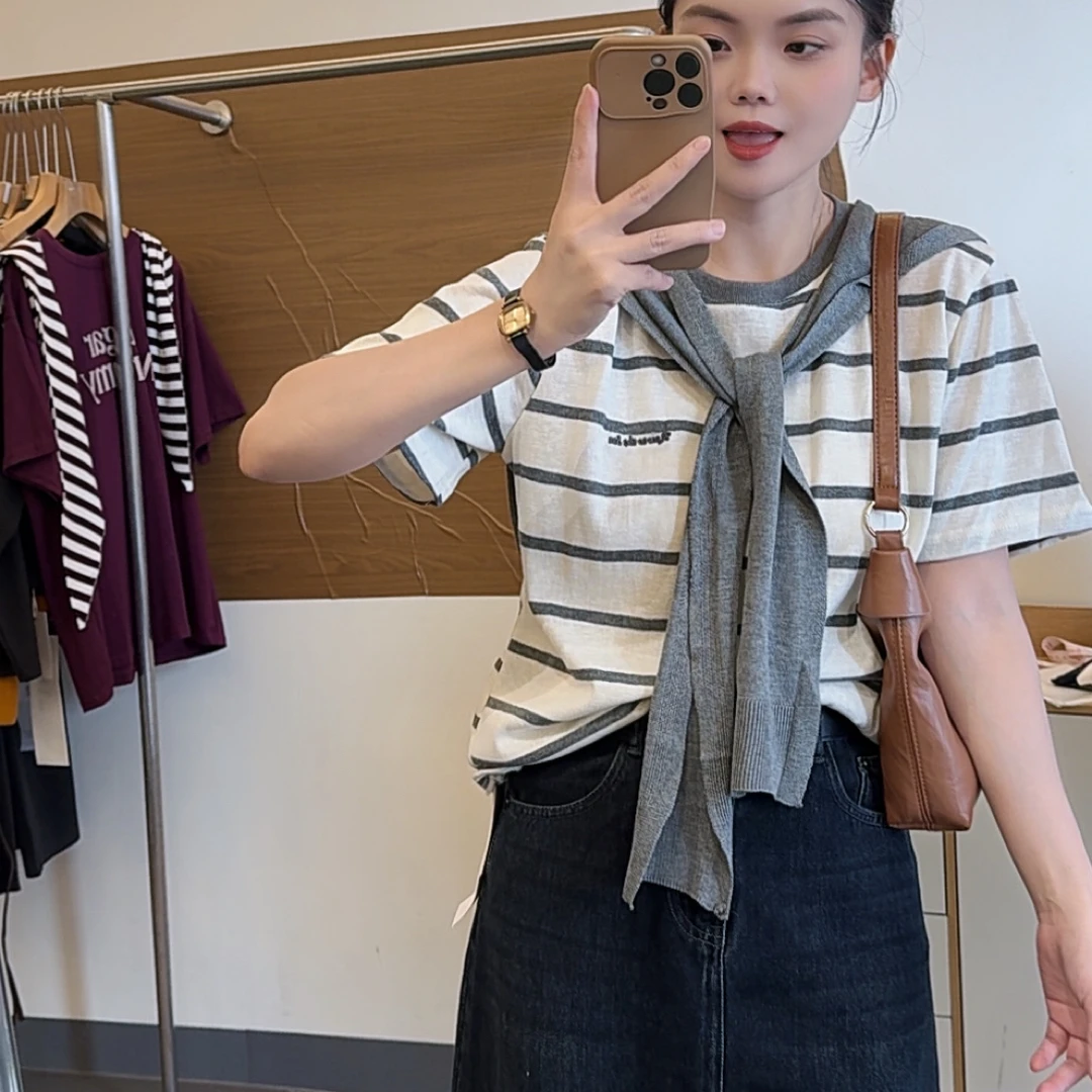 秋季新品 条纹披肩两件套短袖上衣 宽松显瘦凉快短袖T恤