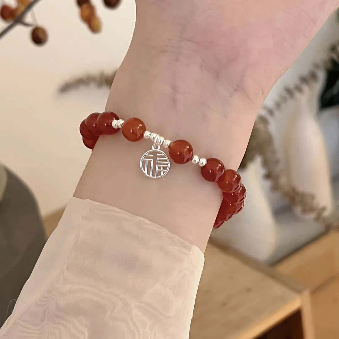 红玛瑙手串女款串珠手链送妈妈s925银福送女朋友手饰生日礼物女生
