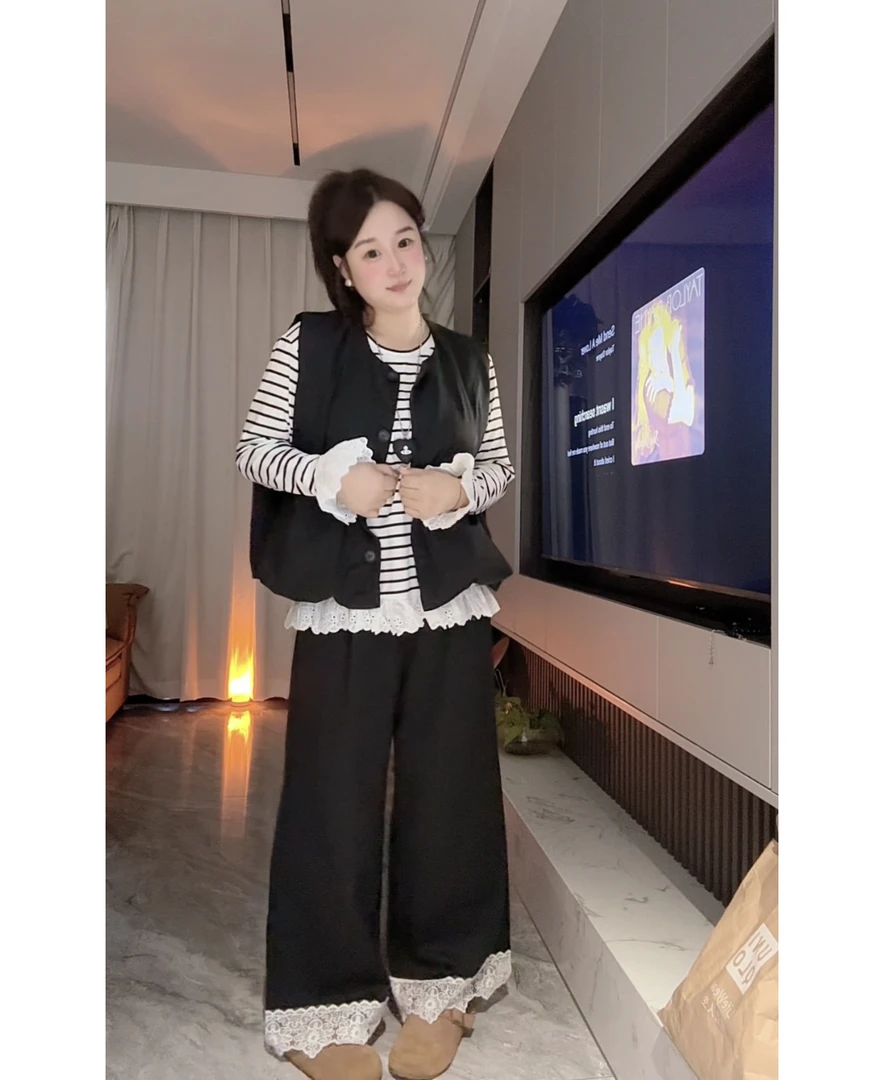 「小吴家」韩系休闲叠穿条纹打底➕马甲➕花边阔腿裤女早秋新款三件套