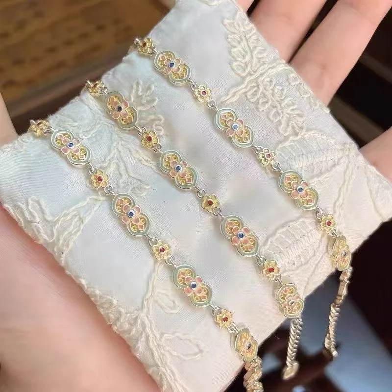 足银花满筑999纯银手链新中式国风珐琅小众百搭送女友礼物