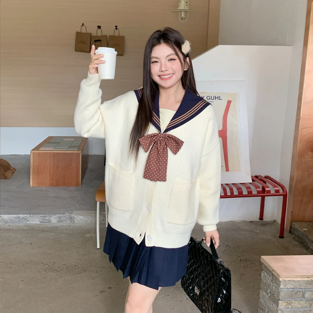 阿车家的大码jk原创胖mm【杏芽中】学院风毛茸茸针织开衫毛衣外套