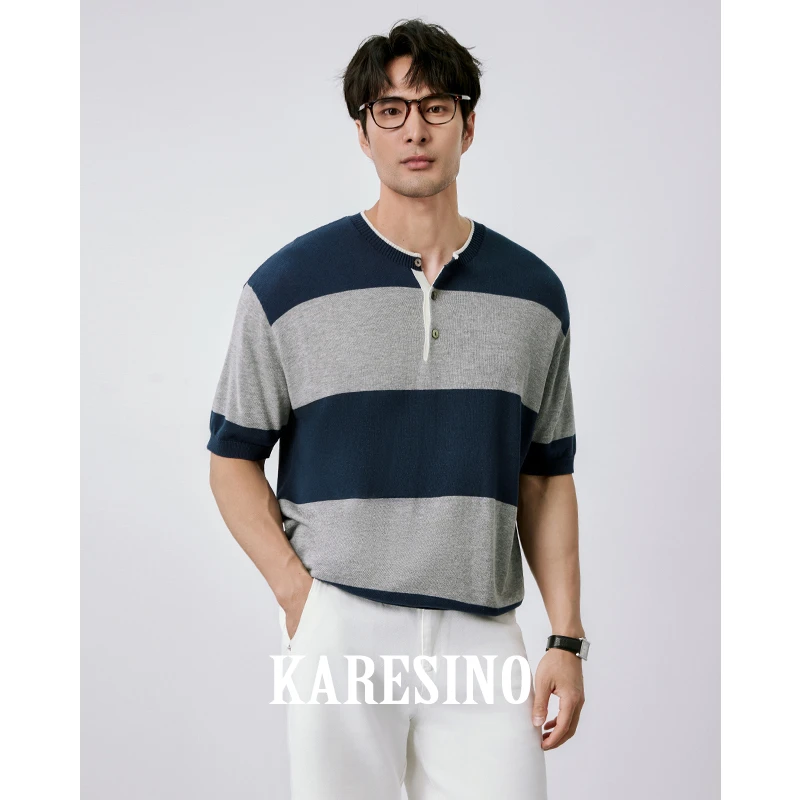 KARESINO夏季亚麻莱赛尔 男士撞色冰丝针织Polo衫亨利领条纹短t恤