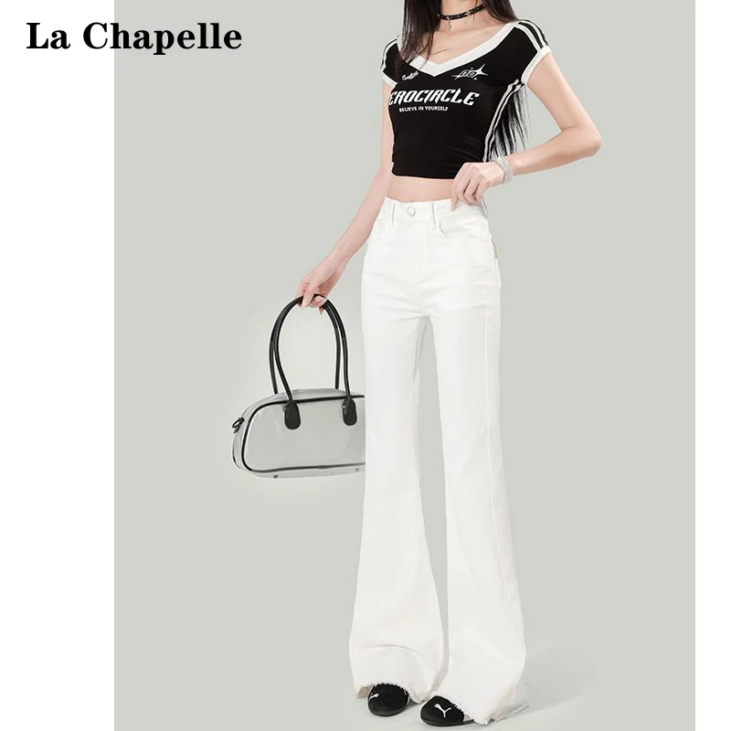 La Chapelle/拉夏贝尔白色蝴蝶结微喇叭牛仔裤2025夏季弹力喇叭裤