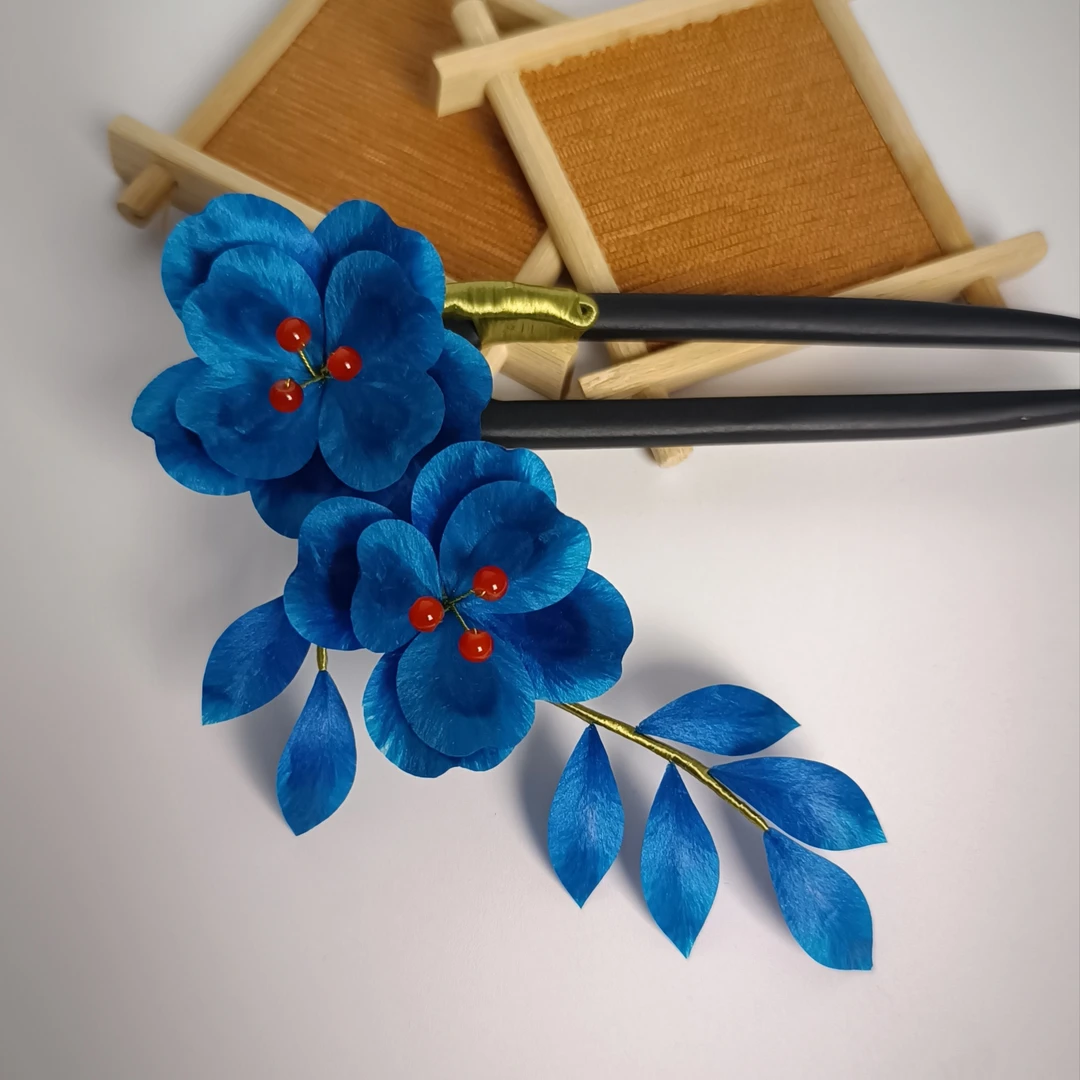宝蓝色系复古典雅山茶花非遗绒花发簪高贵搭配汉服旗袍新中式送礼