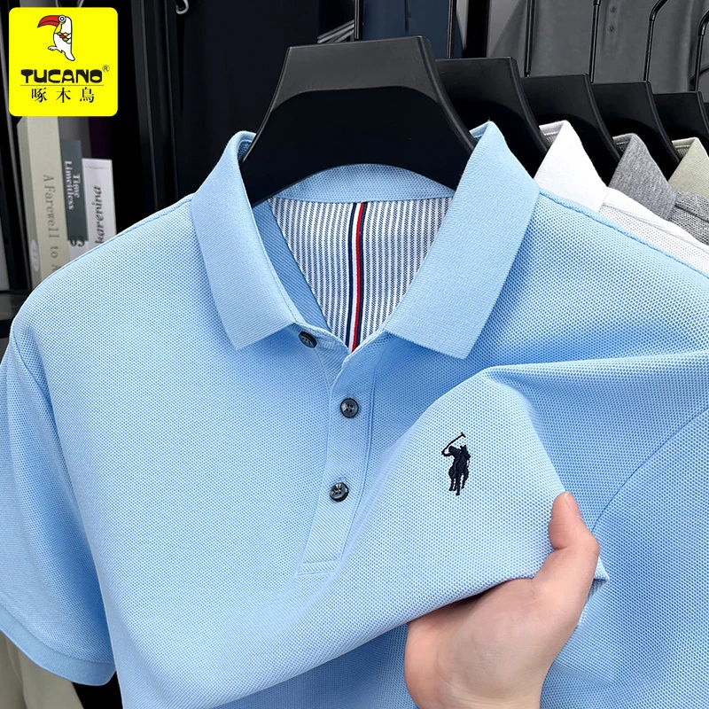 啄木鸟夏季男士丝光纯棉polo衫纯色短袖商务休闲翻领高档男士T恤