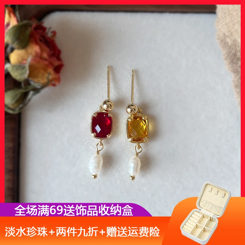 合金耳饰 几何红色日韩少女风耳钉素款宫廷风手工国风简约手作