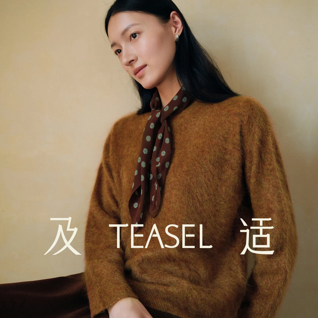 TEASEL「绒雾梦境」100羊绒拉绒经典圆领宽松落肩袖针织毛衣2513545