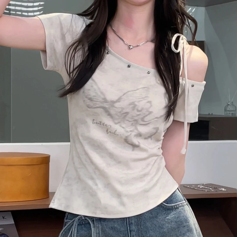 2025新款甜美风蝴蝶印花露肩抽绳设计感显瘦百搭短袖上衣DM6527