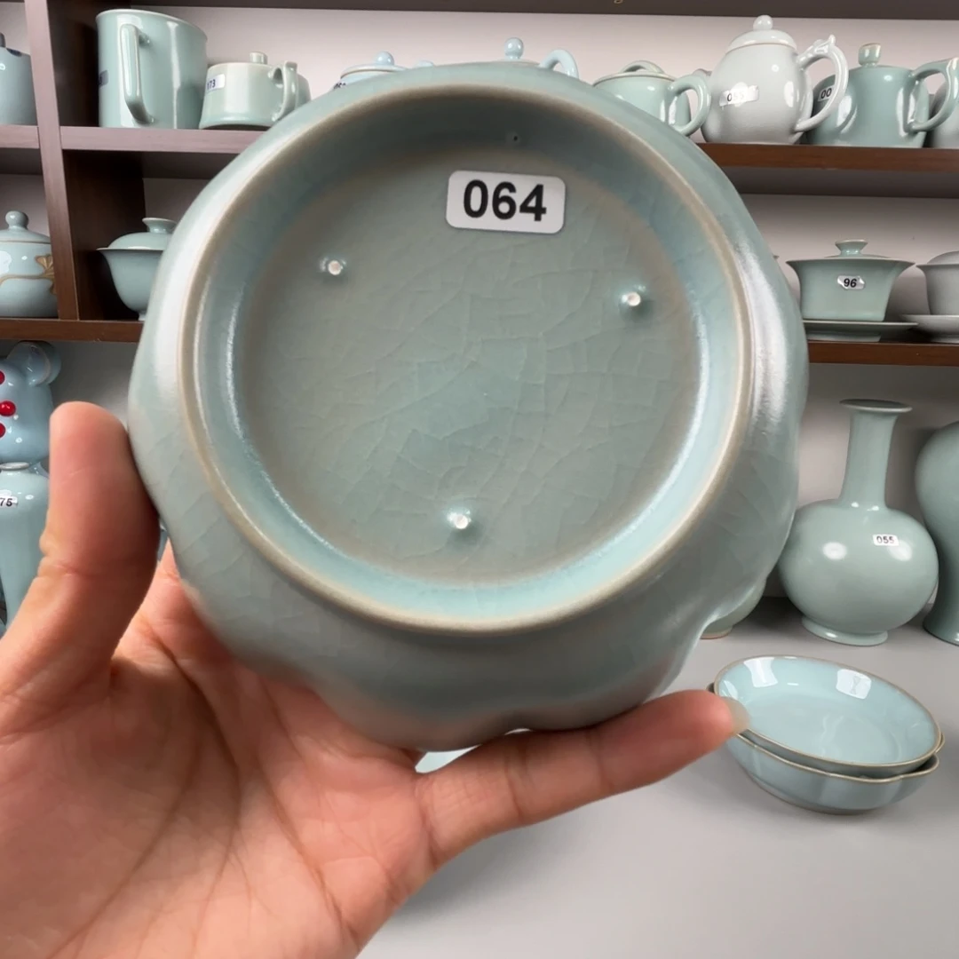 陶摆件汝瓷莲花洗支钉烧仿古釉微瑕064