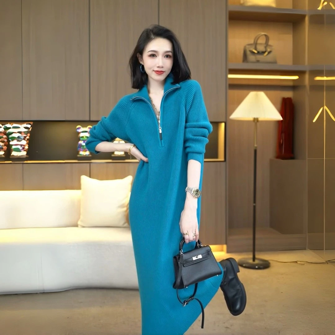 秋冬配大衣内搭中长款毛衣裙女神范加厚保暖针织打底连衣裙高级感