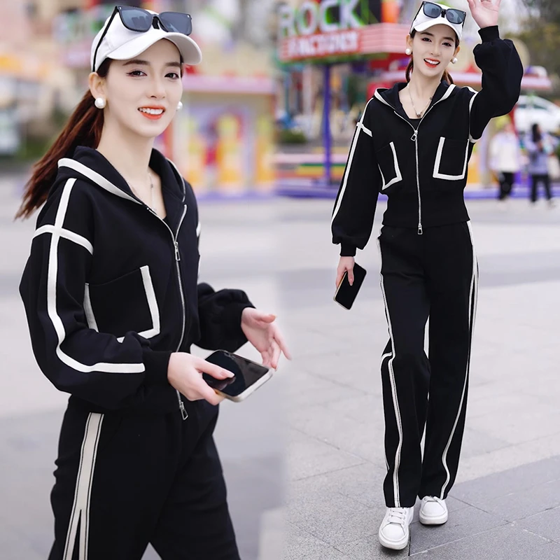高含棉运动服套装女2025春秋季新款洋气拉链连帽卫衣阔腿裤两件套