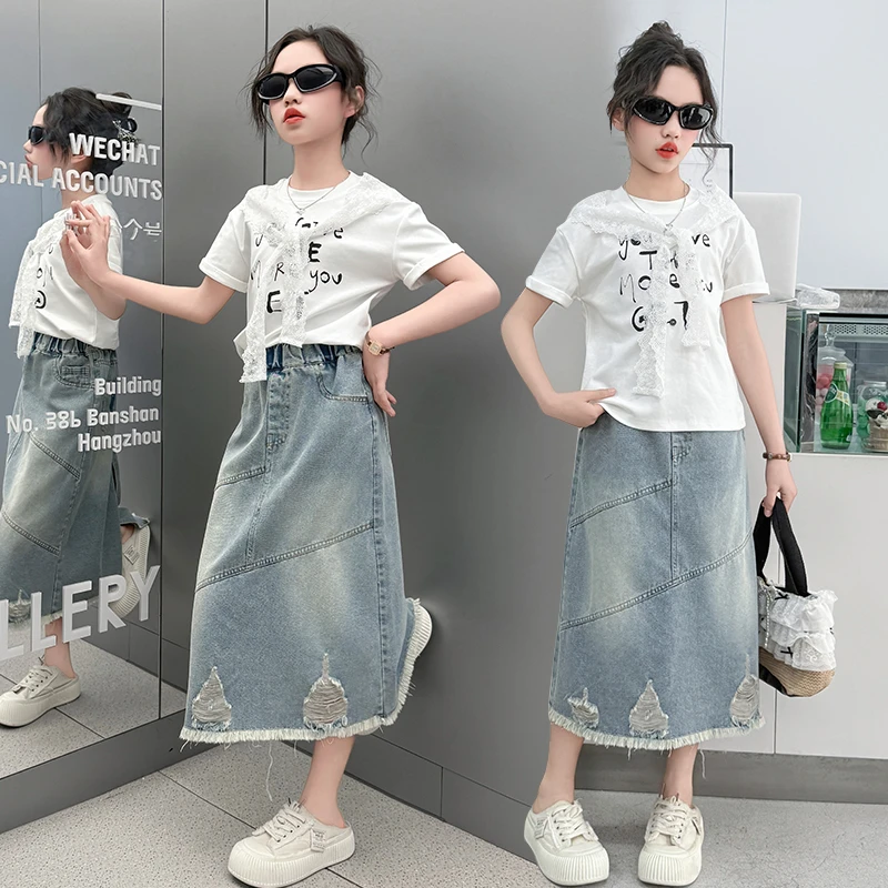 韩版女童牛仔套裙夏季新款儿童又酷又飒半身裙套装女孩宽松两件套