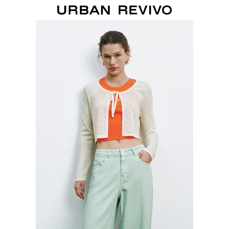 UR2025秋季新款女装休闲镂空系带超短款针织开衫UYU950111