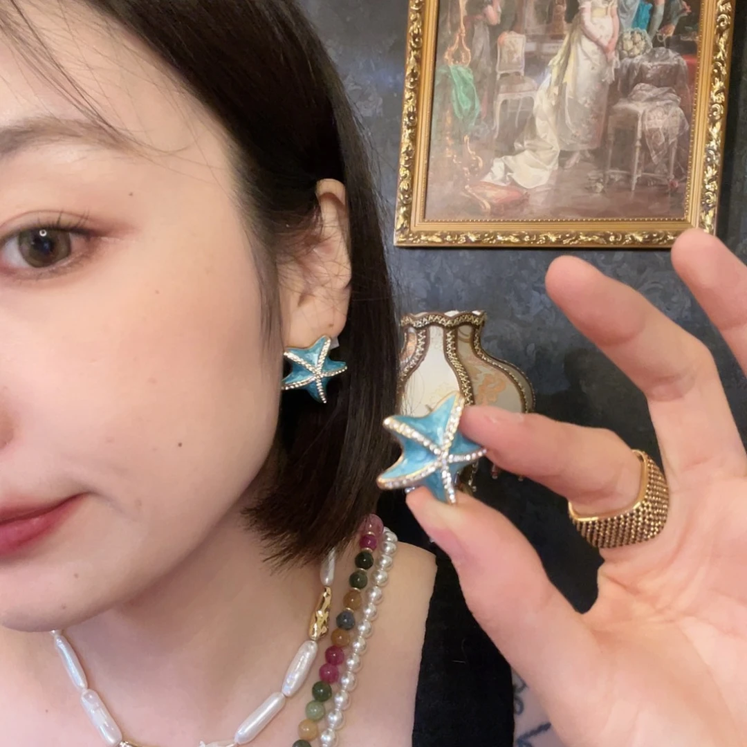 黄铜琉璃925银海星耳饰