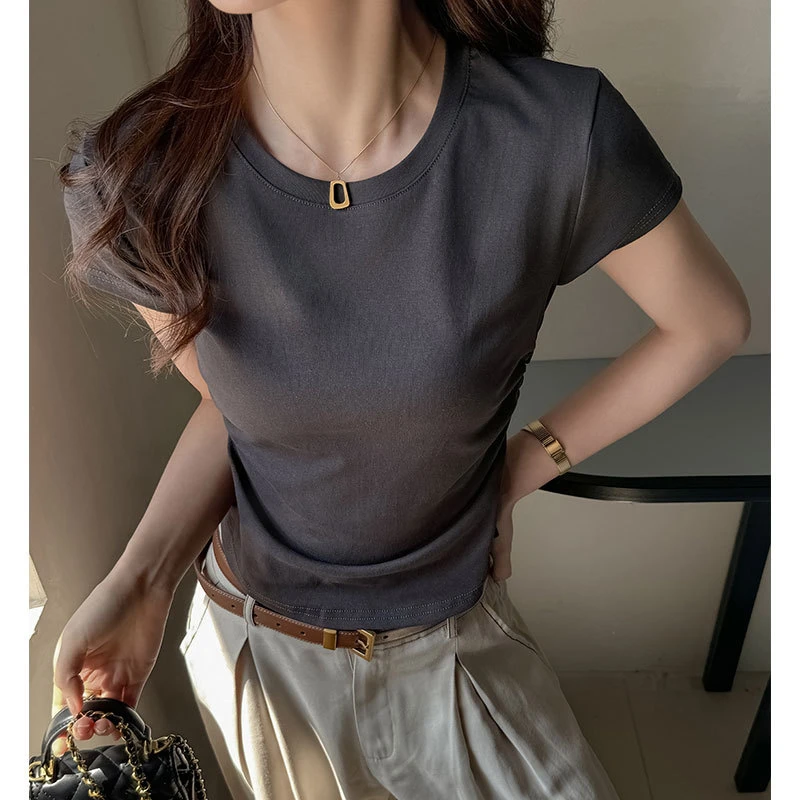 圆领半袖设计感正肩不露肚子收腰褶皱t恤韩版T恤短袖显瘦百搭辣妹