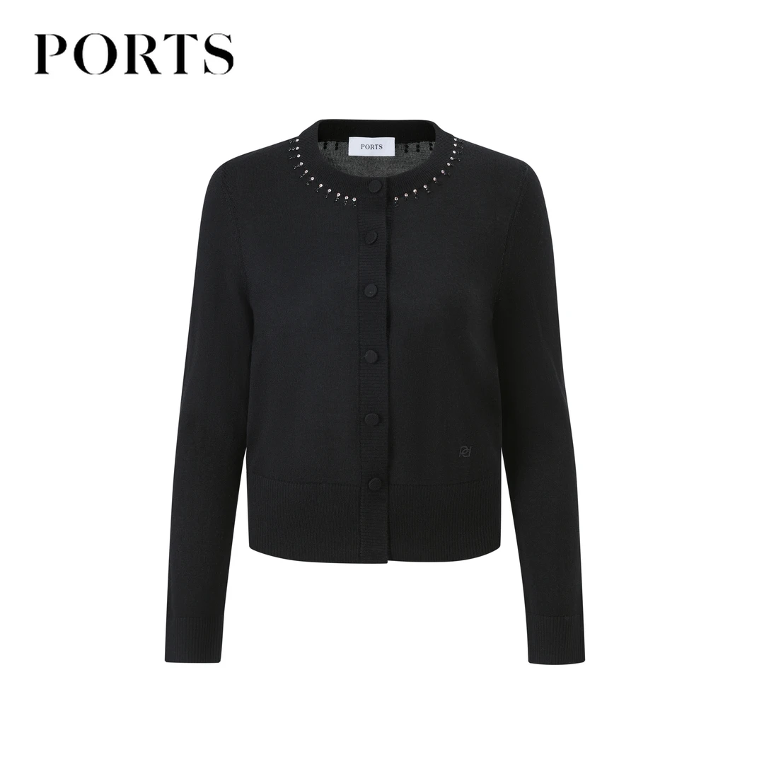 Ports/宝姿经典圆领时尚时尚长袖黑色休闲毛针织衫