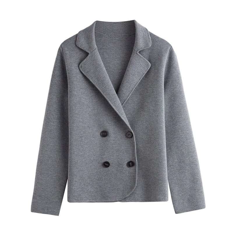 【华珂】秋季新款针织衫双排扣别致独特气质通勤风西装领长袖外套