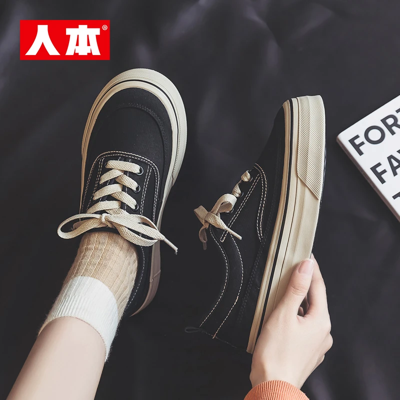 人本2025新款低帮女日式学院风时尚圆头帆布鞋春秋潮鞋韩版百搭