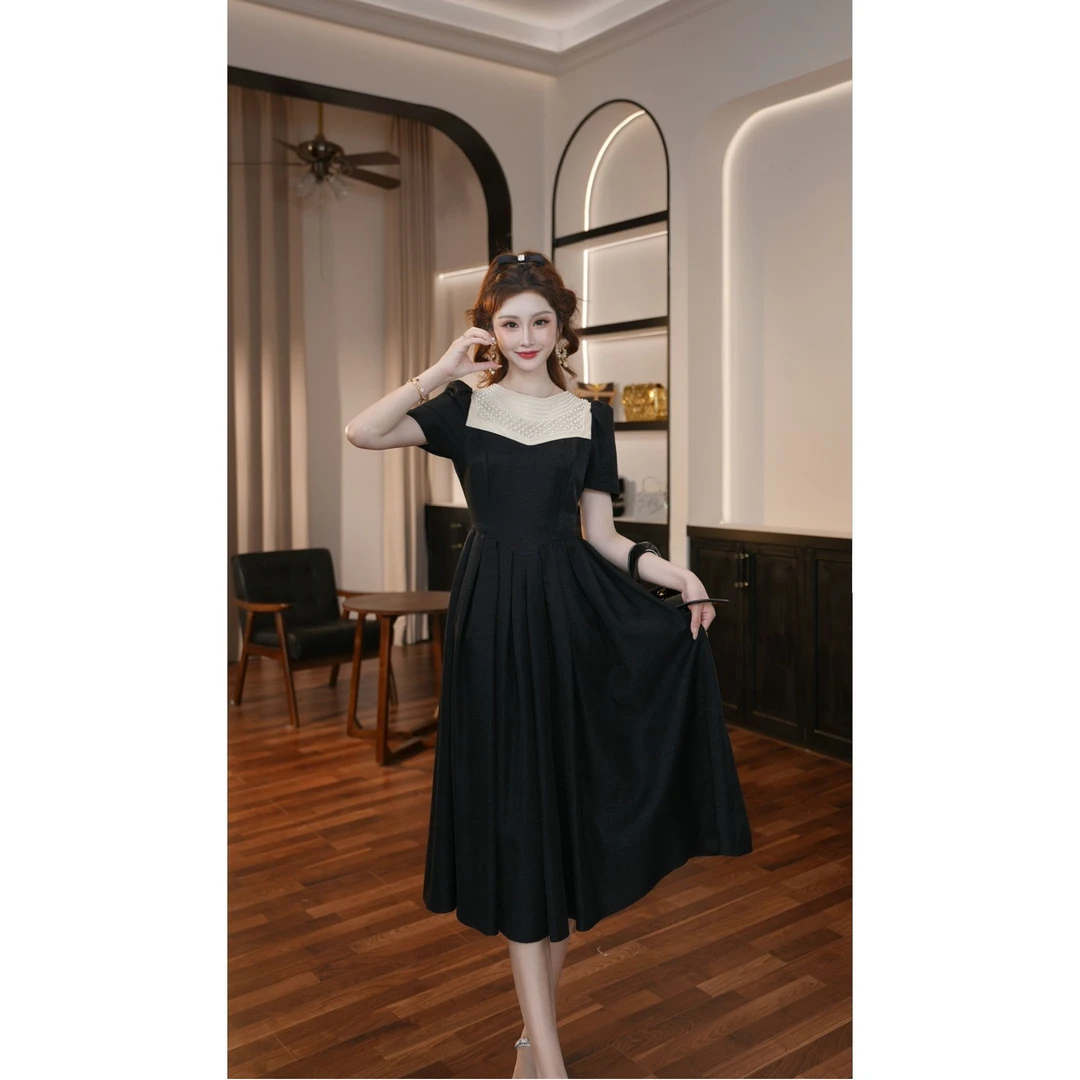 【晚晚定制】新款短袖设计感大摆裙法式珍珠复古小众连衣裙80270