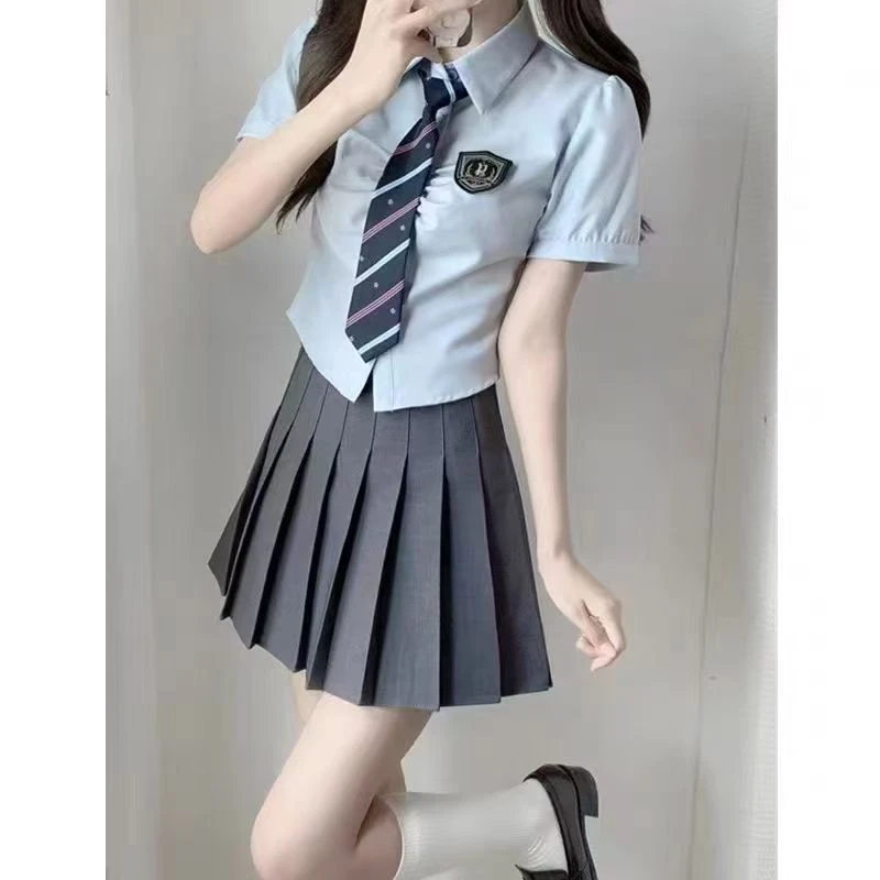 韩系学院风JK制服套装女小清新减龄衬衣领带纯欲高腰百褶裙两件套