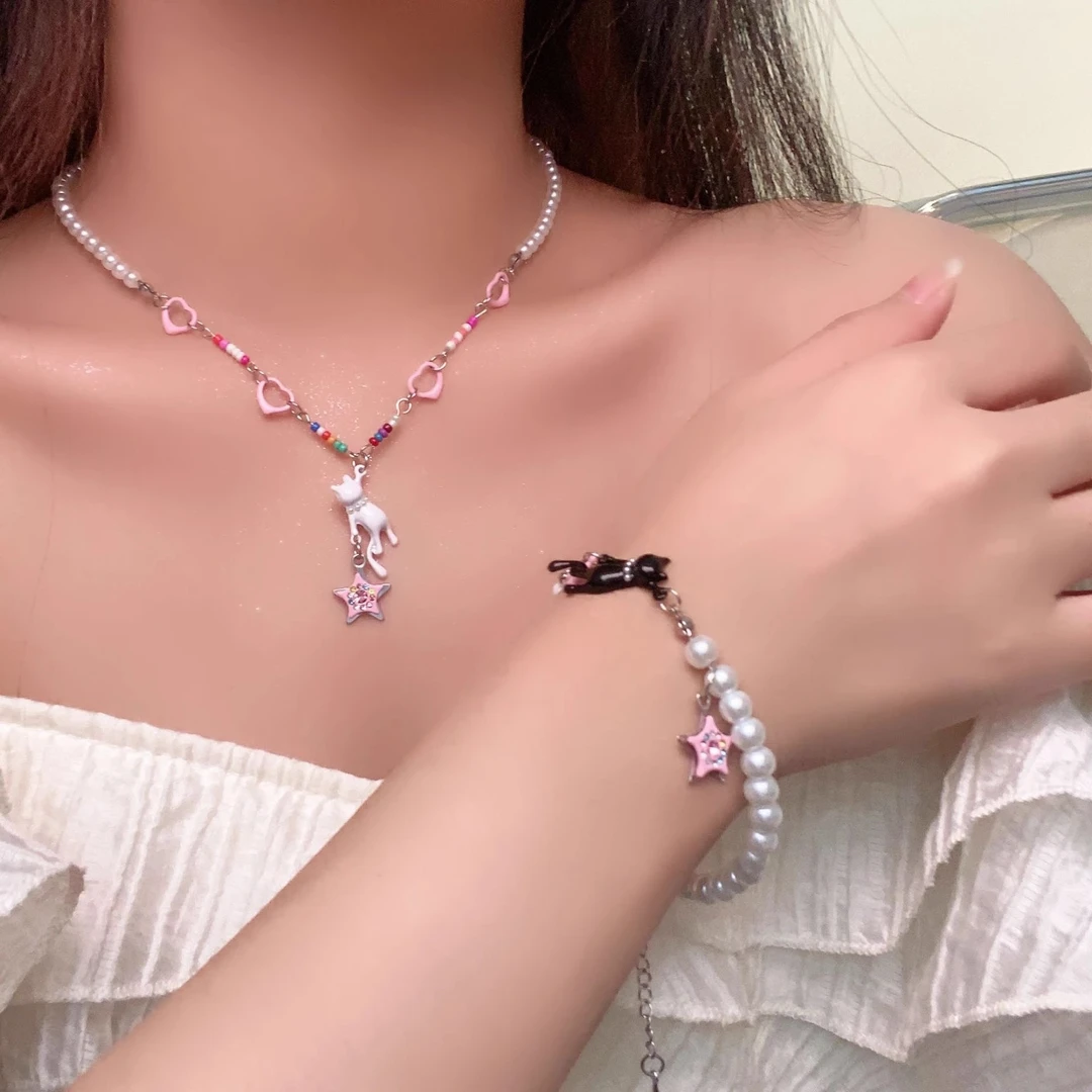 合金手链 轻奢珍珠拼接小猫项链手链女小众设计高级感锁骨链颈链