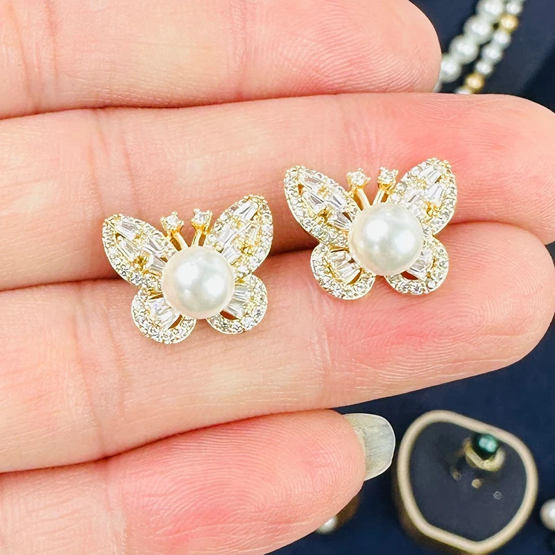 合金锆石耳饰 蝴蝶日韩耳钉优雅清新甜美精美欧若假日欧若智性风