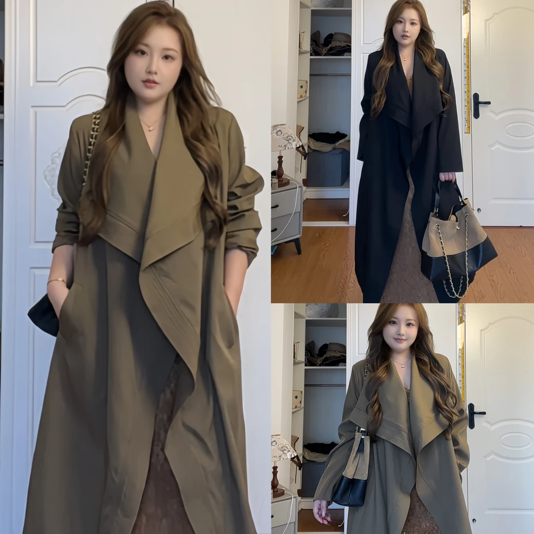 【番茄风衣】胖mm气质风衣大翻领系带外套长款7761-短款7727