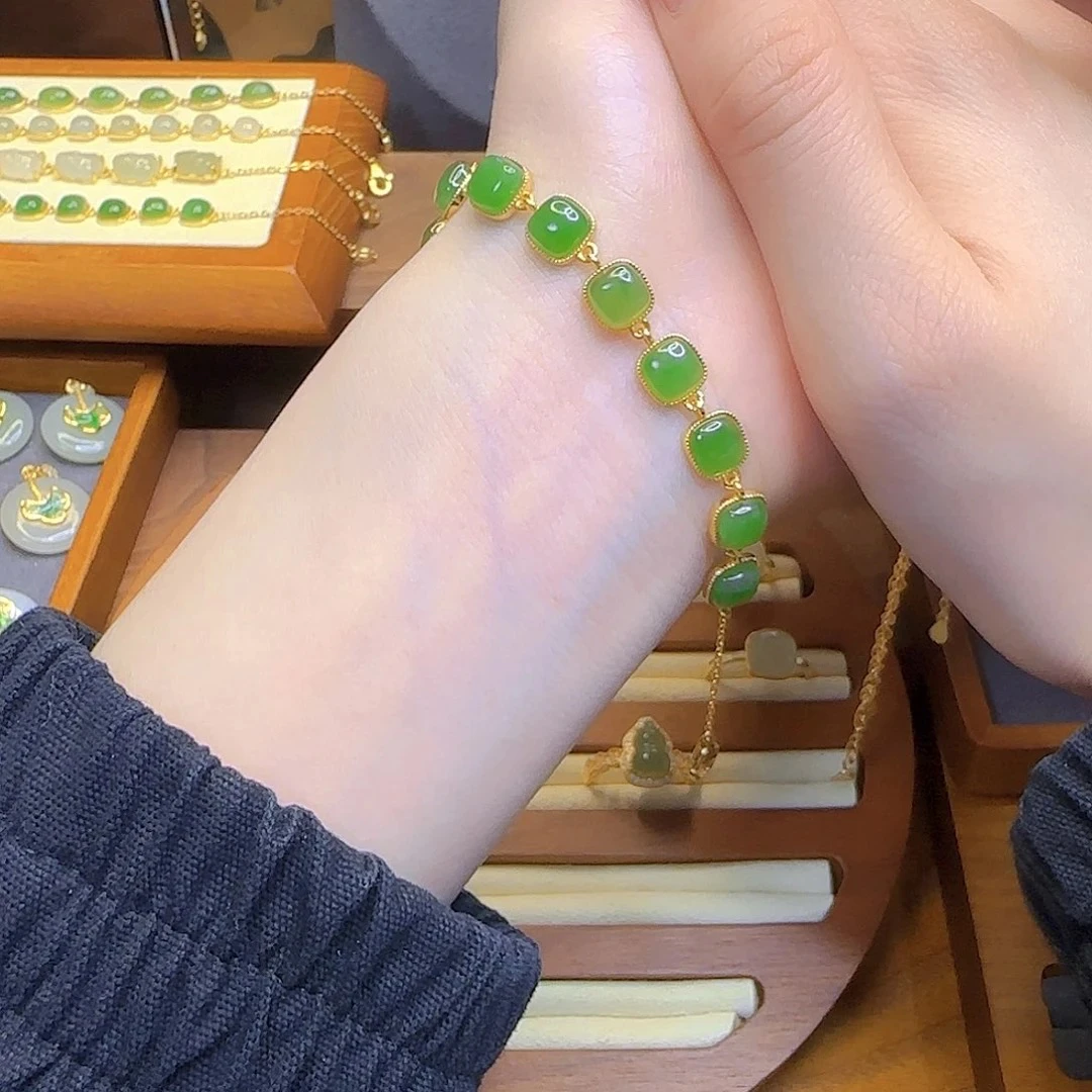 碧玉方糖苹果绿手链和田玉s925银